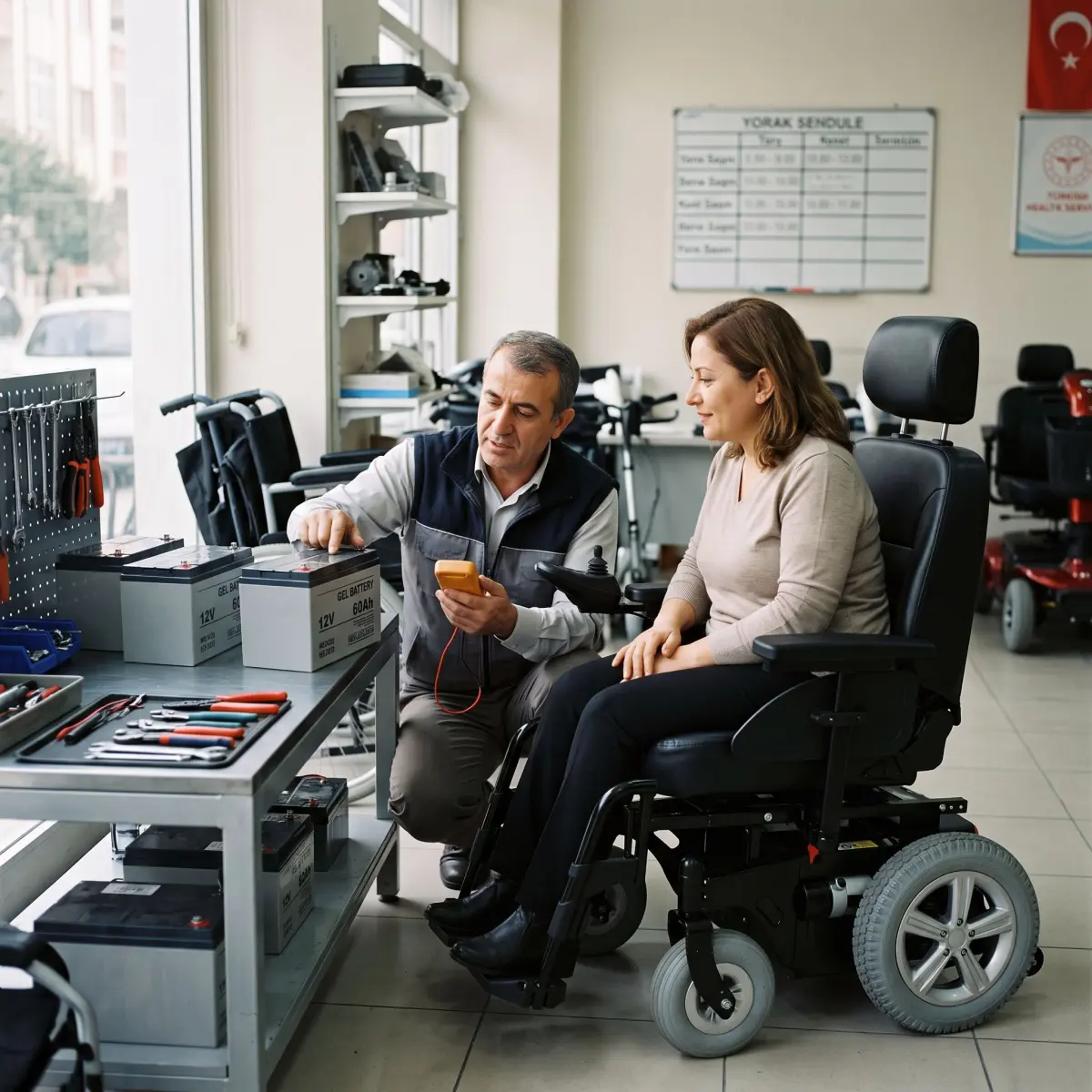 Akülü sandalye için orijinal jel akü yedek parça kontrolü yapan teknik servis