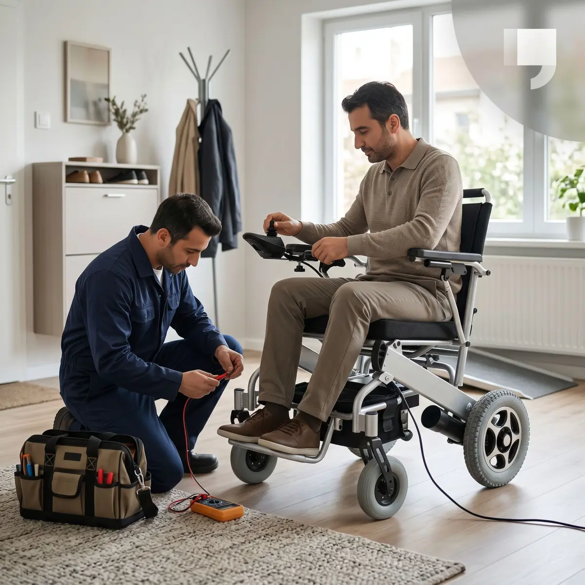 Akülü sandalye arızası için joystick ve şarj bağlantısını kontrol eden kullanıcı ve teknisyen