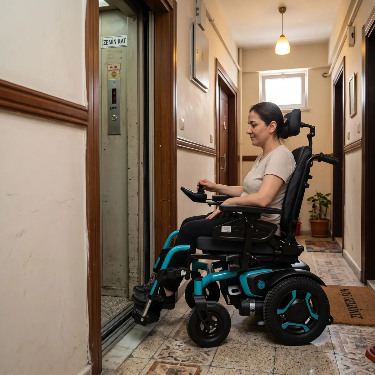Akülü sandalye kullanan bir kişinin apartman asansörüne dikkatli şekilde girmesi