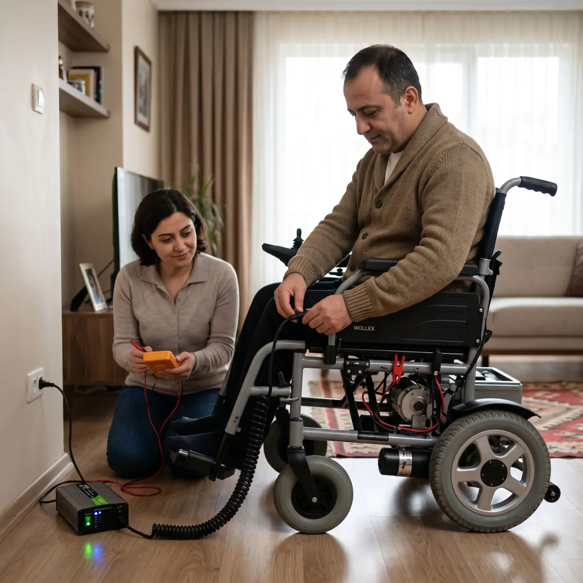 Akülü sandalye şarj kablosu ve akü kontrolü yapılan gerçekçi ev sahnesi