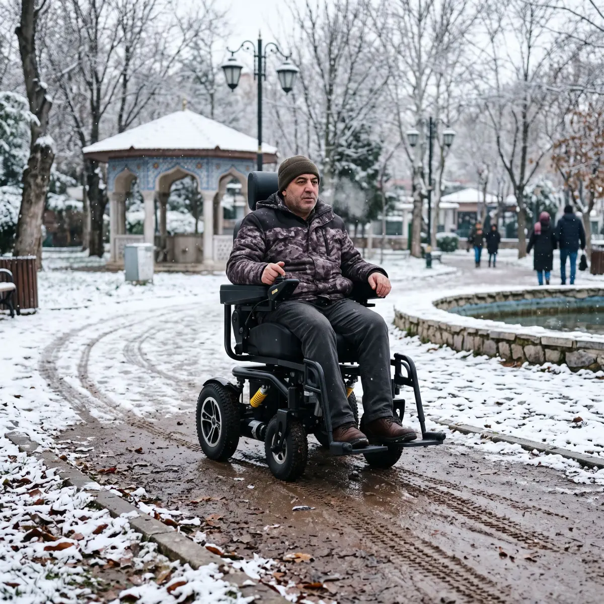 Karlı bir park yolunda arazi tipi akülü sandalye kullanan kişi