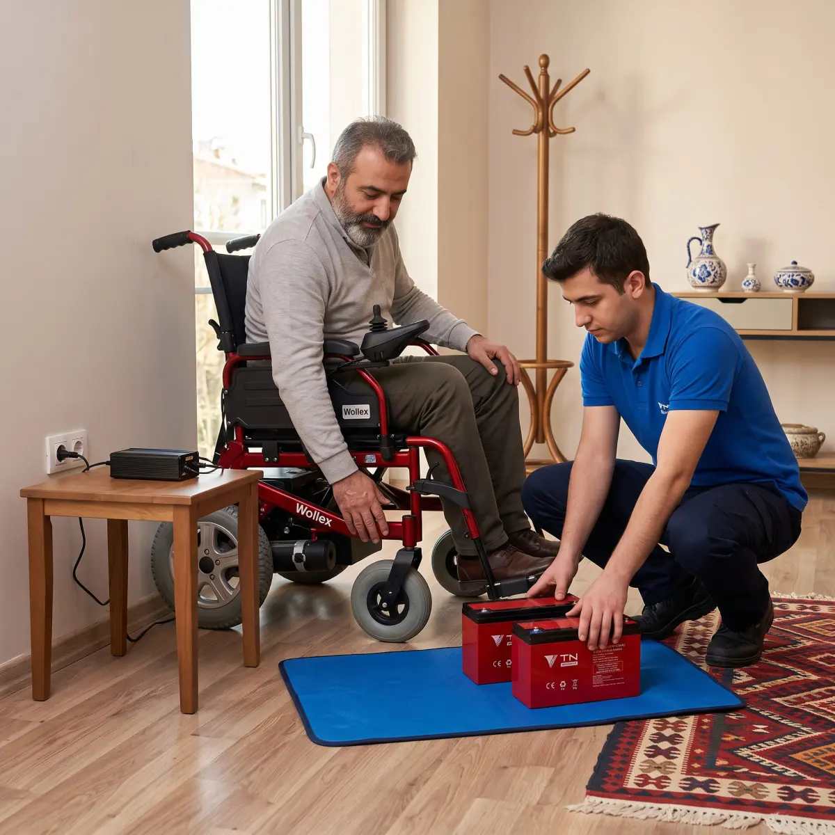 Akülü sandalye aküsü ve şarj aleti kontrolü yapılan gerçekçi bakım sahnesi
