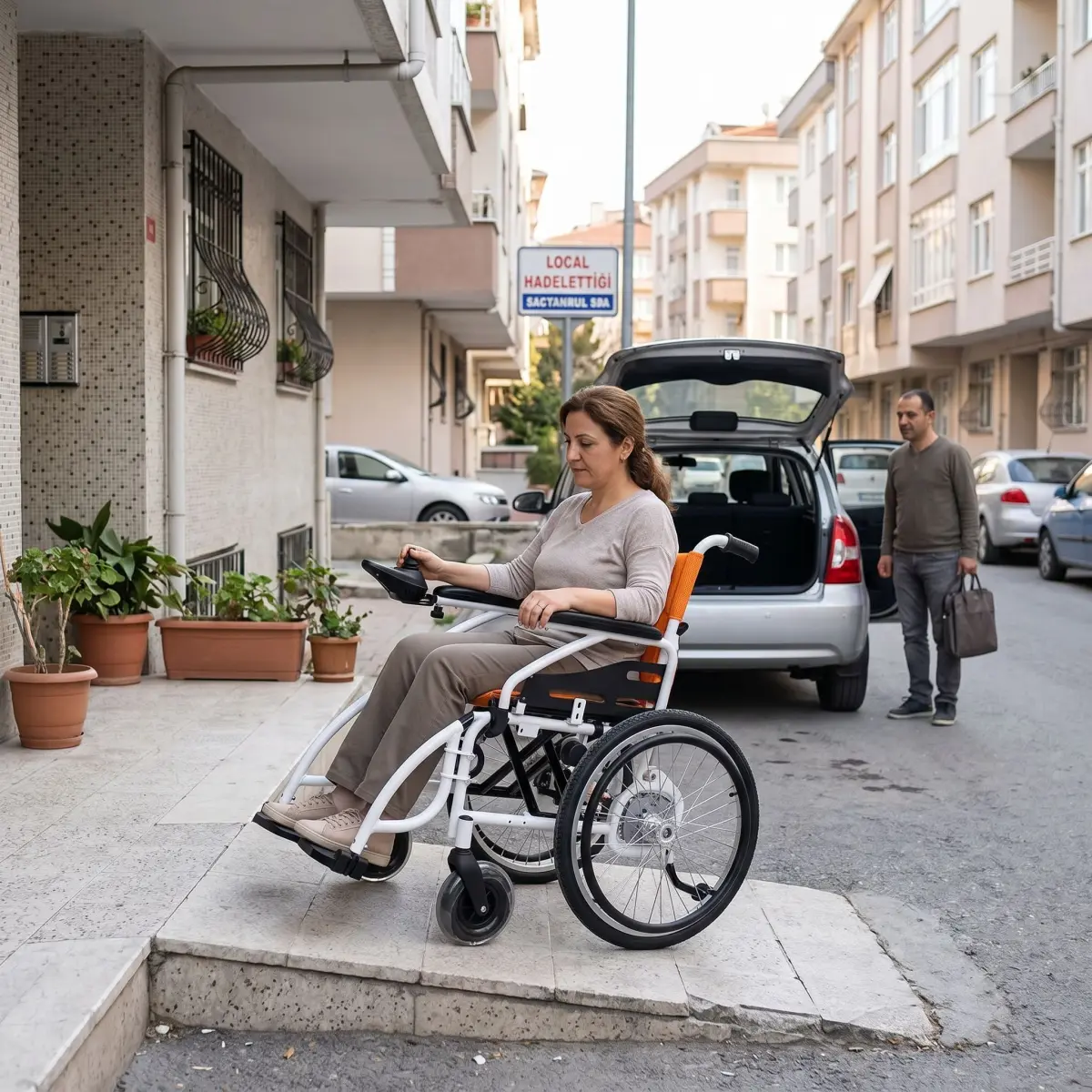 Katlanabilir akülü sandalye kullanan bir kişinin apartman rampasında günlük kullanım sahnesi