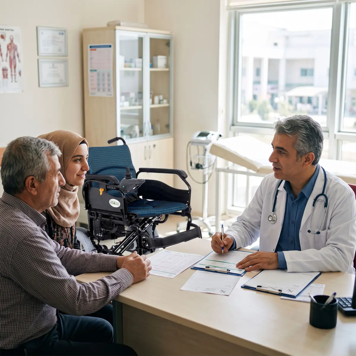 Hastanede akülü sandalye raporu için görüşme yapan kişi ve doktor