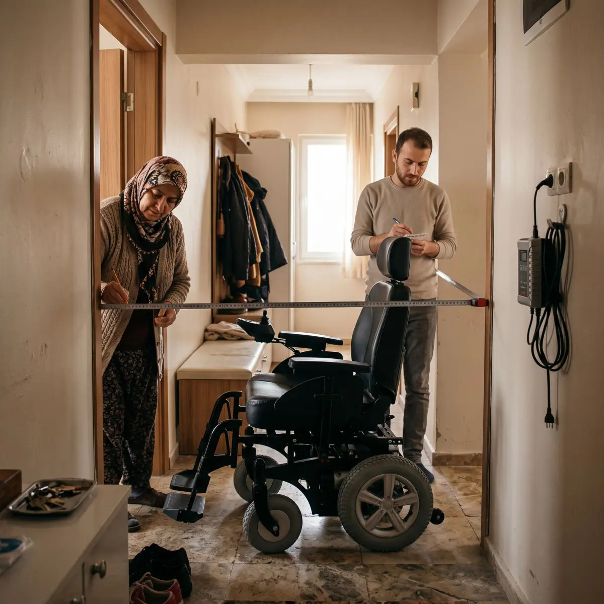 Ev koridorunda kapı açıklığı ölçülerek akülü sandalye uyumu kontrol ediliyor
