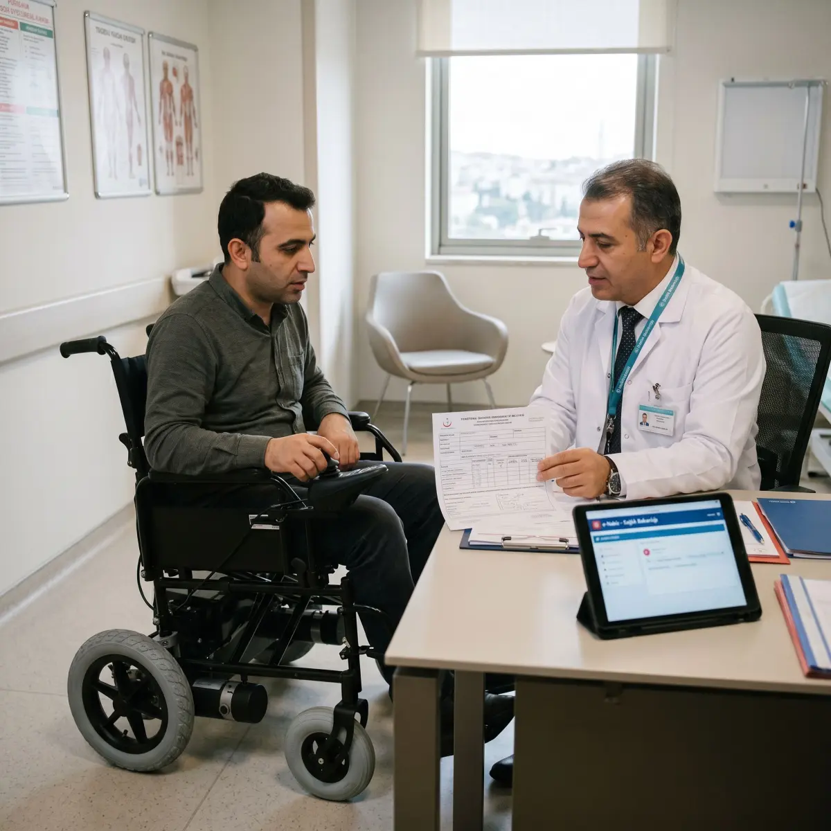 Akülü sandalye reçetesi için doktorla heyet raporu belgelerini inceleyen kullanıcı