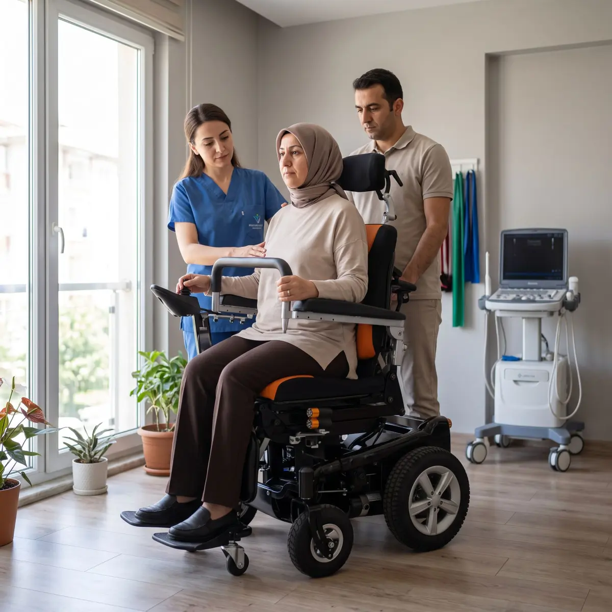 Fizyoterapist eşliğinde ayağa kaldıran akülü sandalye değerlendirmesi yapılan gerçekçi bir klinik sahnesi