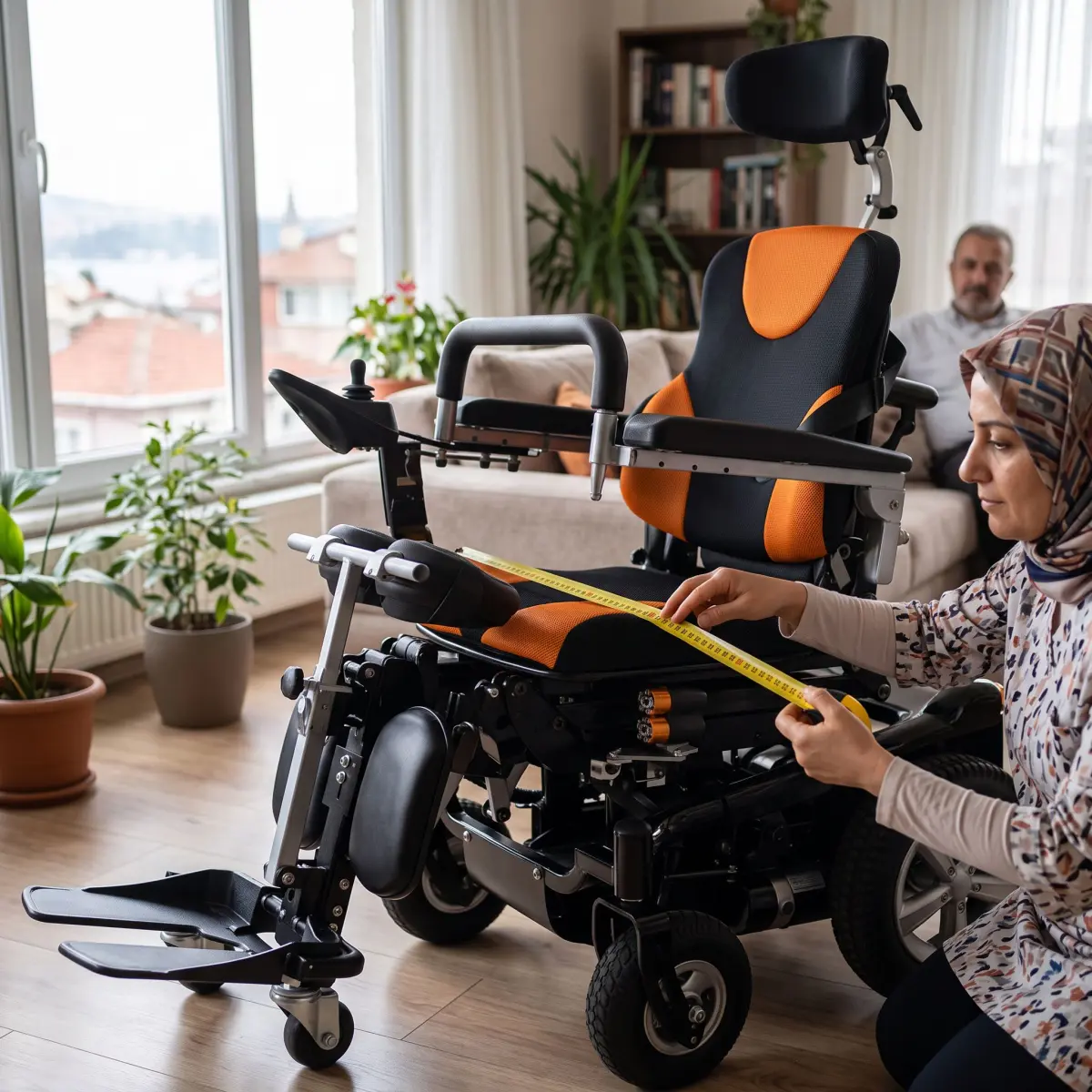 Ayağa kaldıran akülü sandalyede oturma genişliği ölçümü yapılırken kullanılan mezura