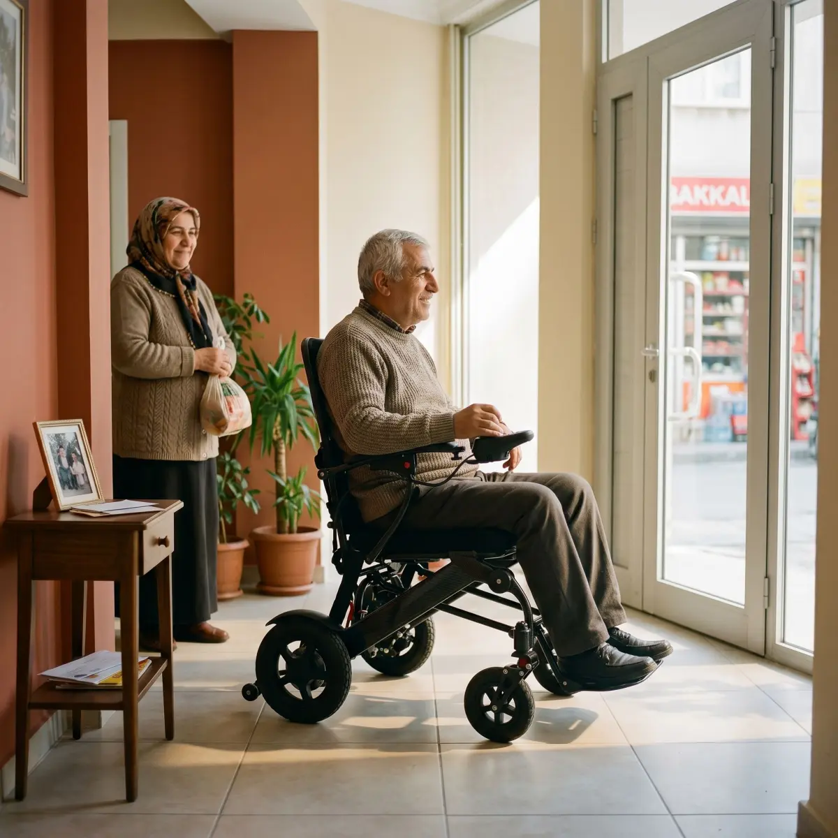 Karbon fiber akülü sandalye kullanan bir kişinin apartman girişinde günlük kullanım sahnesi
