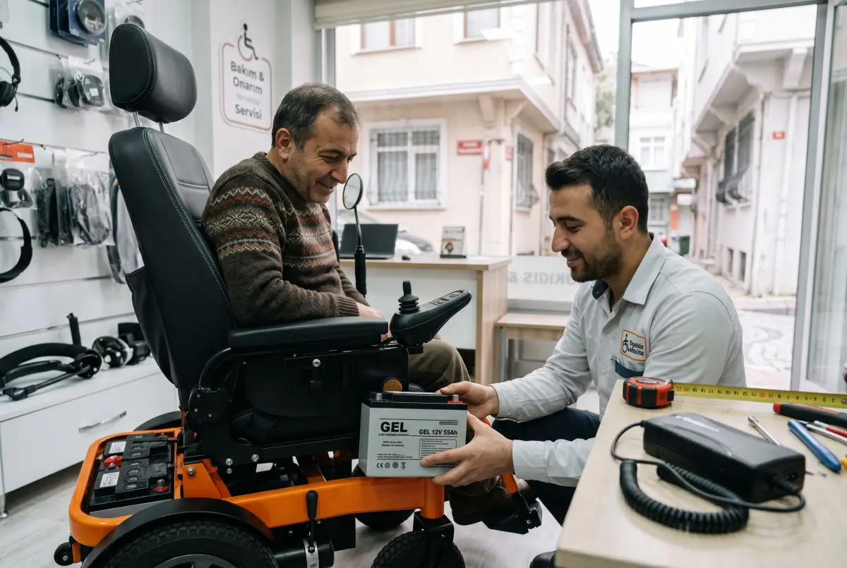 Akülü sandalye akü yuvasında yedek parça uyumluluğu kontrol eden teknisyen ve kullanıcı