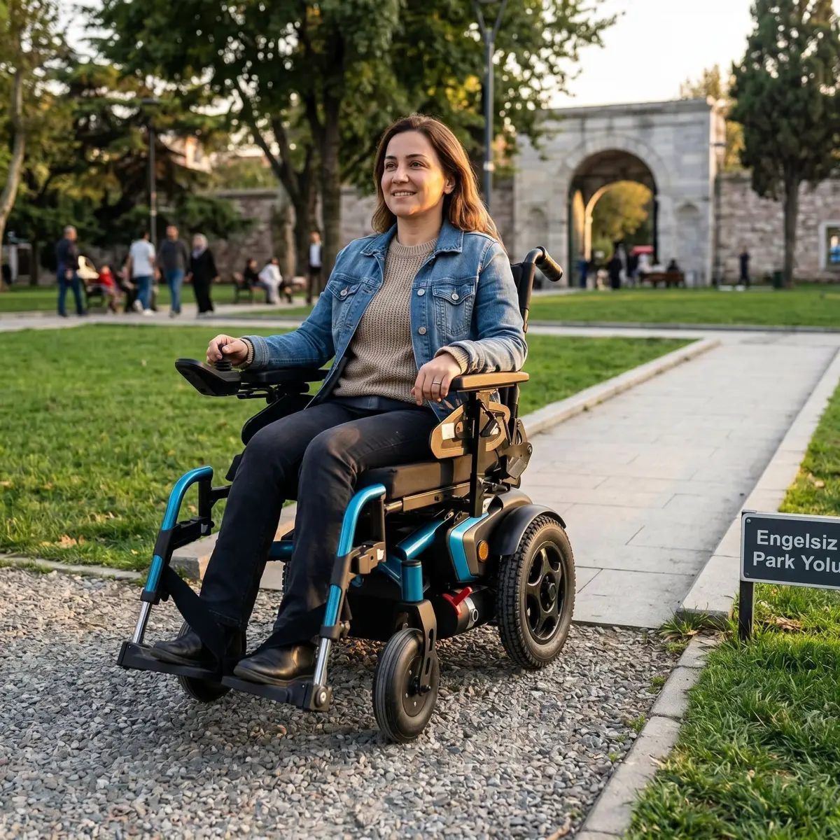 Park yolunda arazi tipi akülü sandalye kullanan kişi