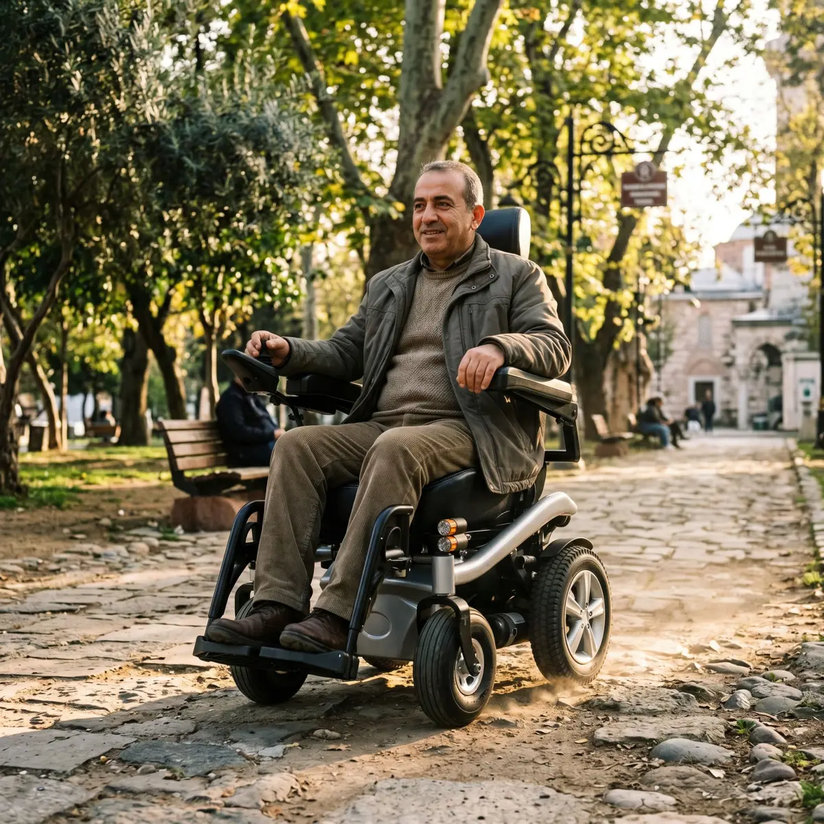 Park yolunda arazi tipi akülü sandalye kullanan kişi