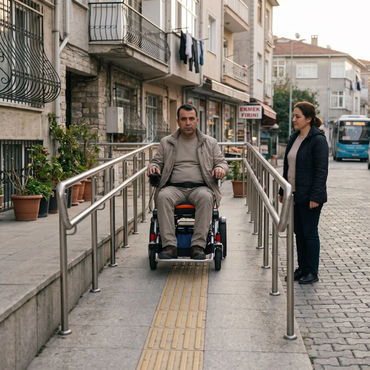 Akülü sandalye kullanan bir kişinin kaydırmaz yüzeyli rampadan kontrollü şekilde çıkması