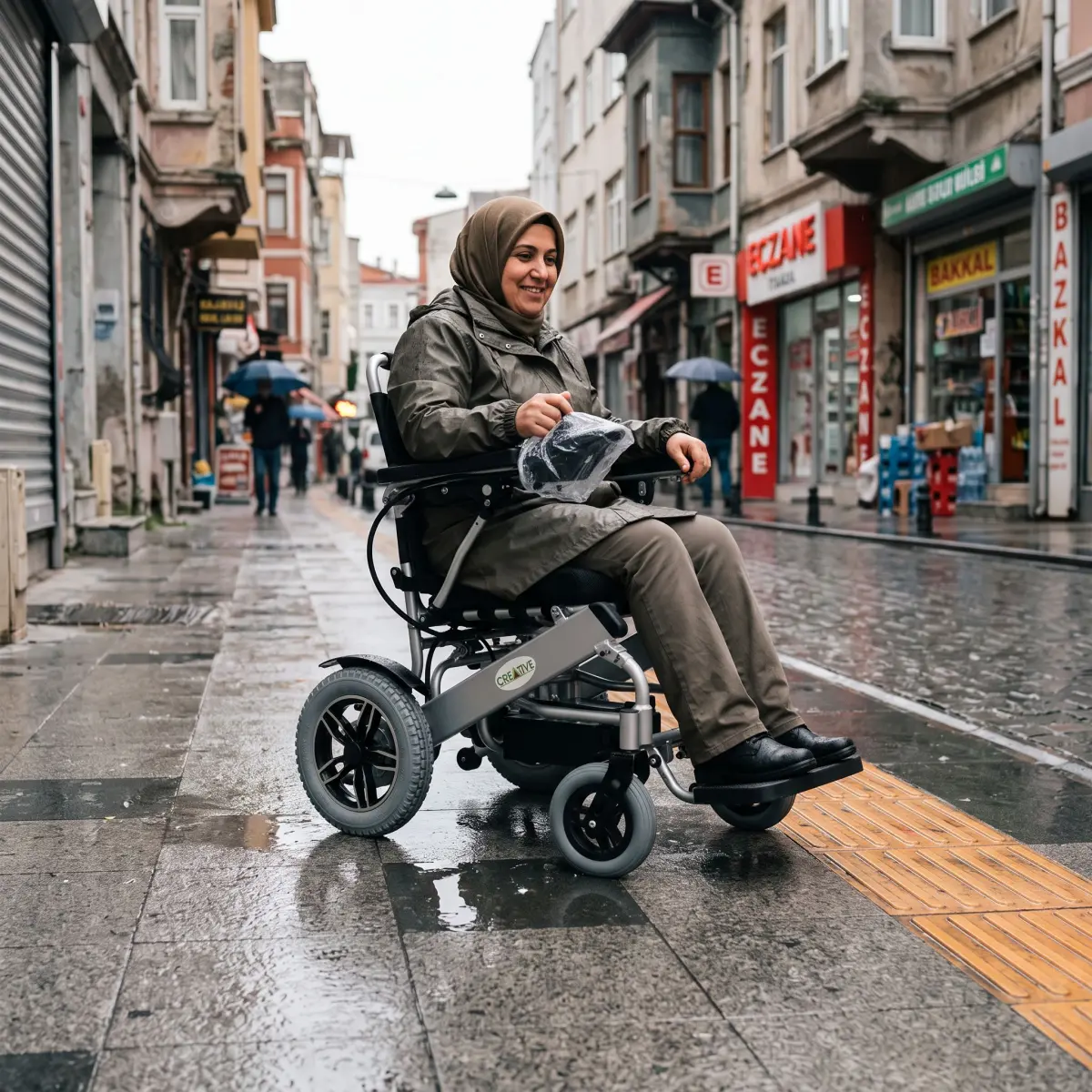 Yağmur sonrası ıslak kaldırımda akülü sandalye kullanan kişi ve güvenli geçiş alanı