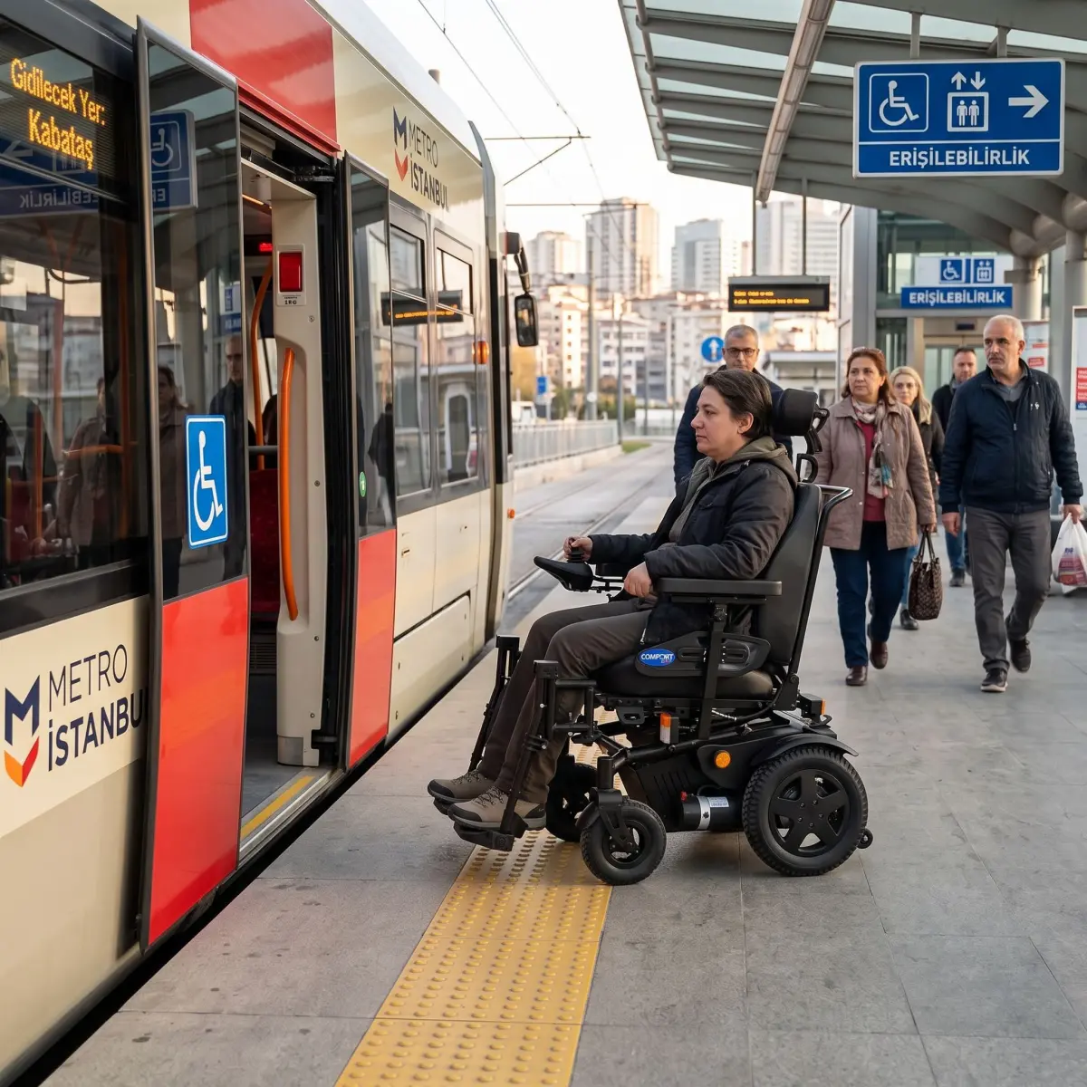 Toplu taşımada akülü sandalye kullanan kişinin erişilebilir tramvay durağında güvenli biniş hazırlığı
