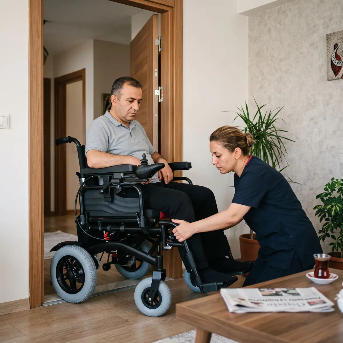 Katlanabilir akülü sandalyede oturma konforu ve katlama detaylarını inceleyen kullanıcı