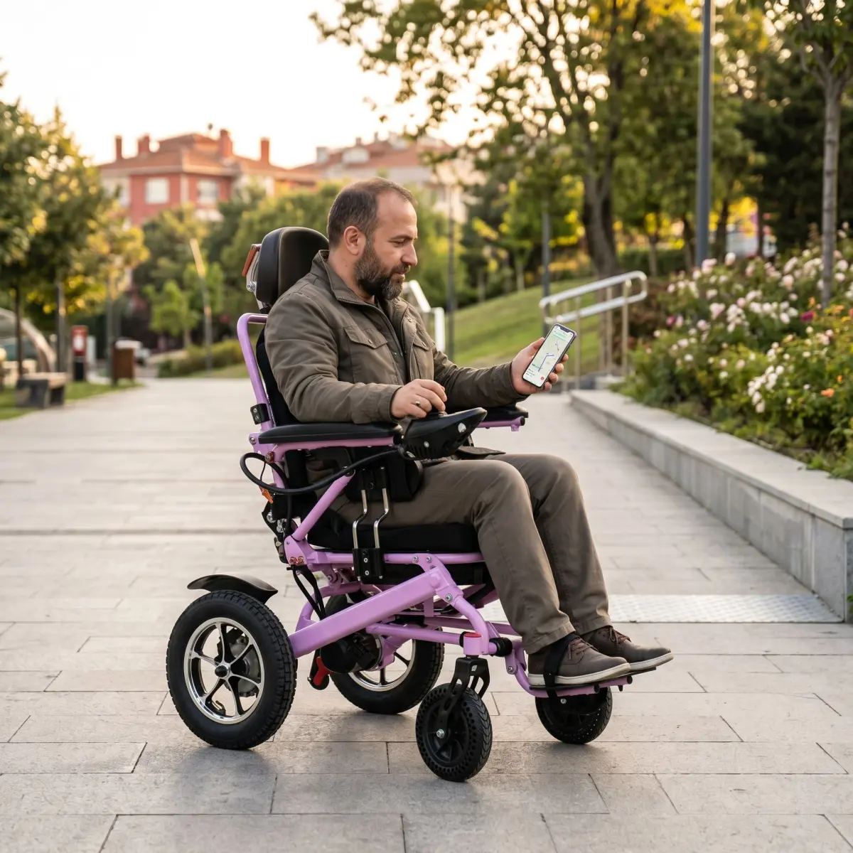 Park yolunda akülü sandalye kullanan kişinin günlük rota ve menzil planı yapması