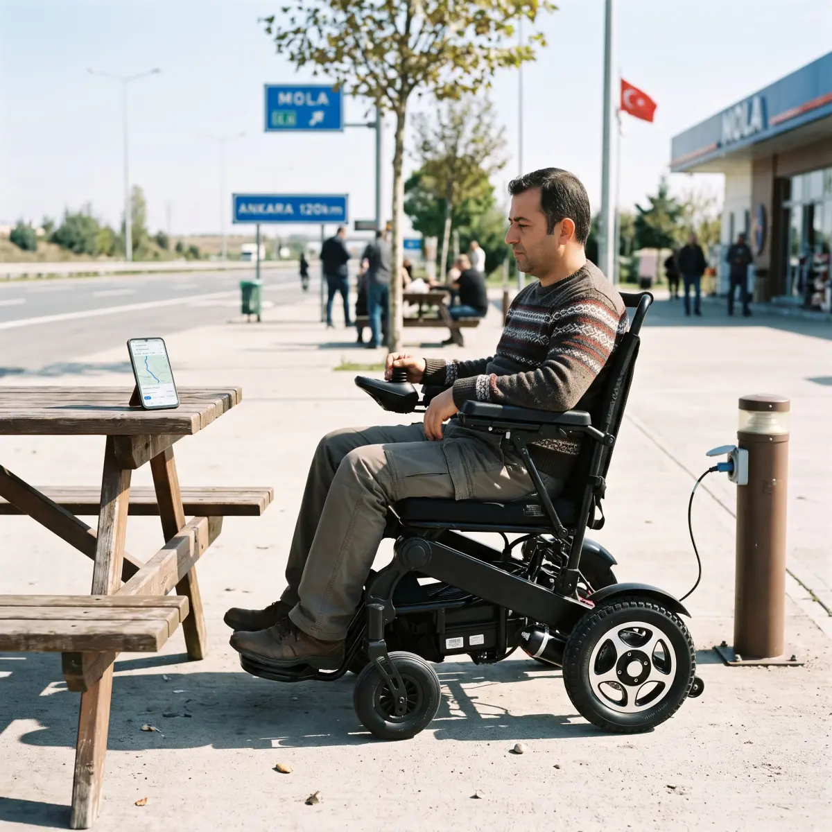 Akülü sandalye ile uzun yol planı yapan bir kullanıcı, mola noktasında şarj ve rota kontrolü yapıyor.