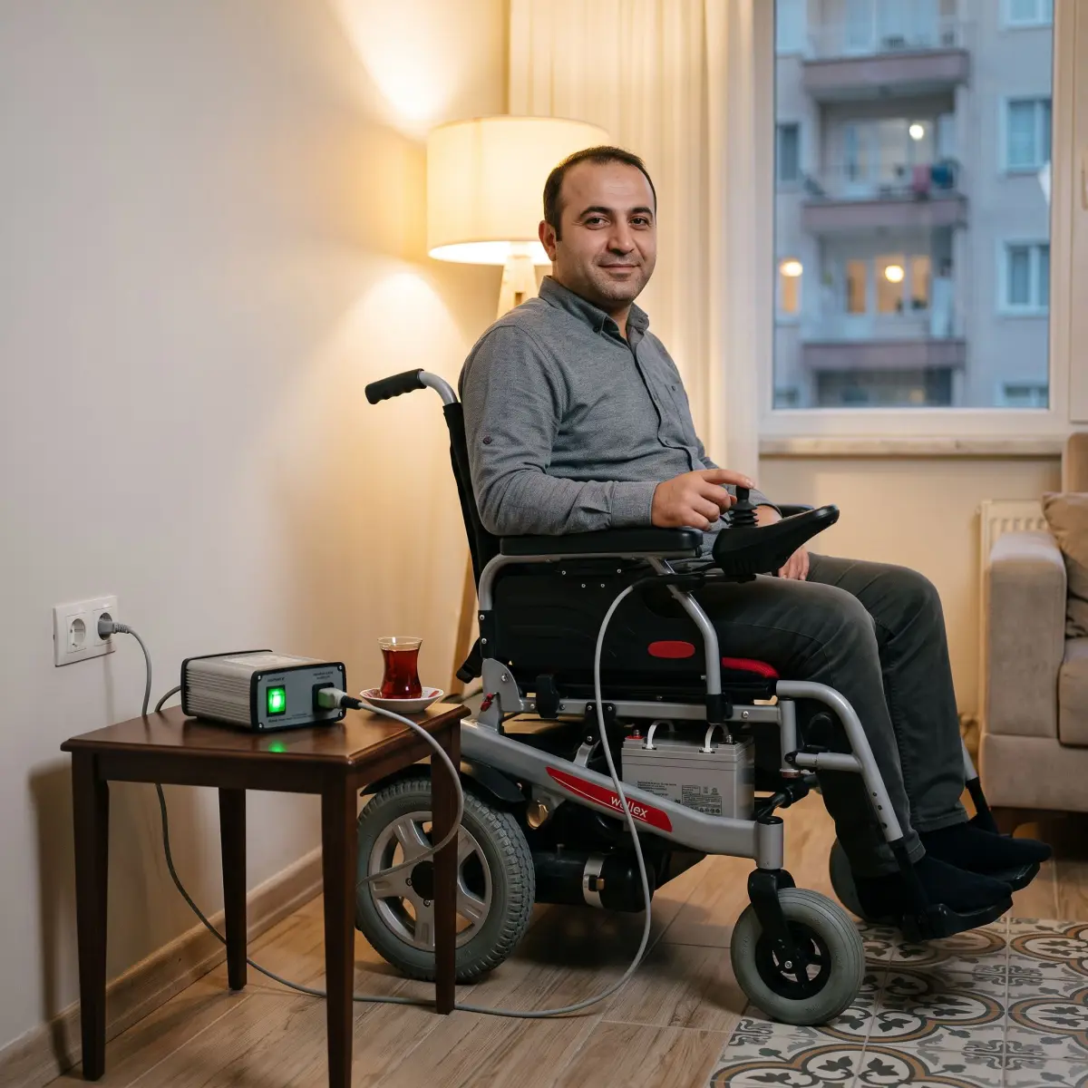 Evde akülü sandalyesini güvenli şekilde şarj eden kullanıcı ve şarj cihazı