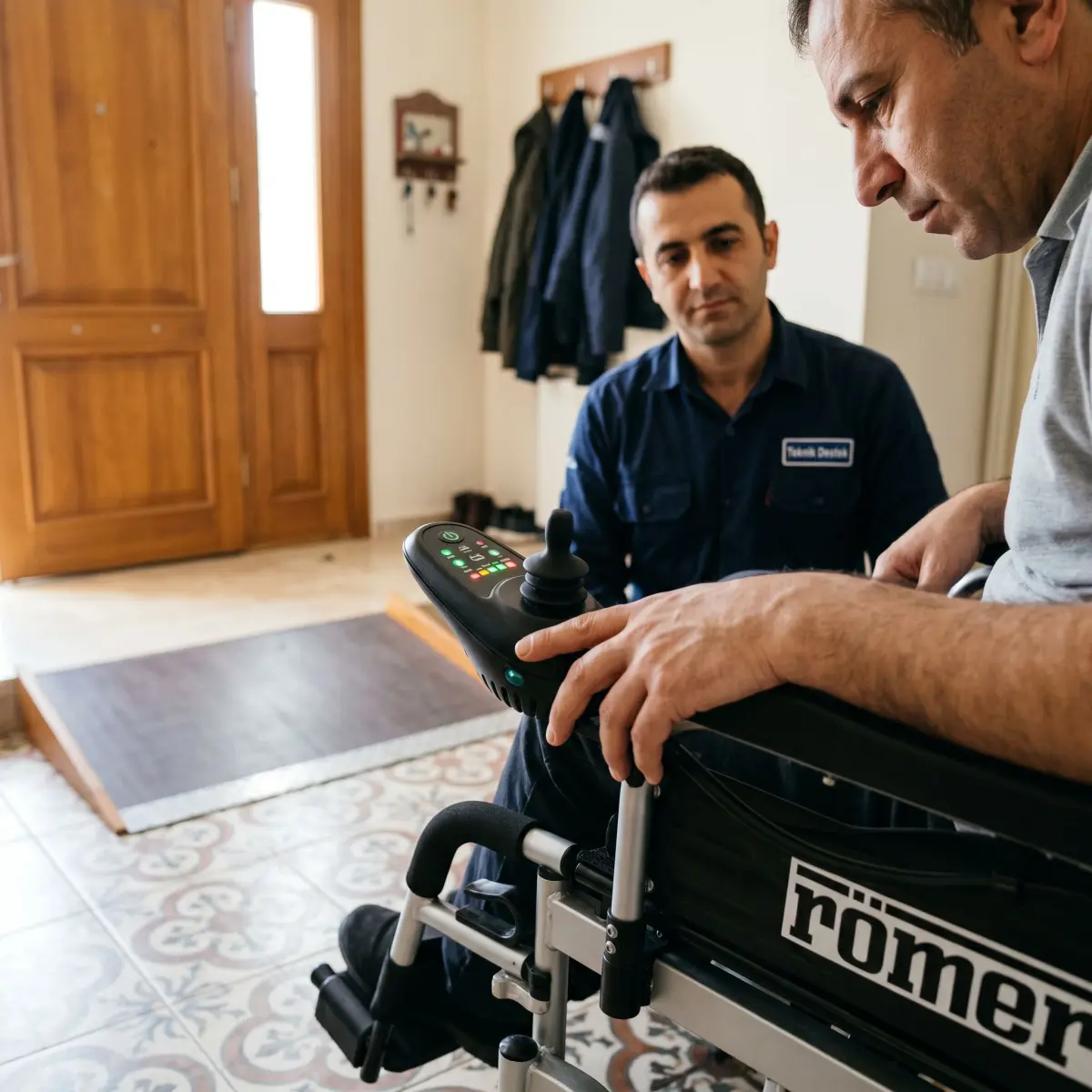 Akülü sandalye joystick panelini kontrol eden kullanıcı ve teknik servis uzmanı