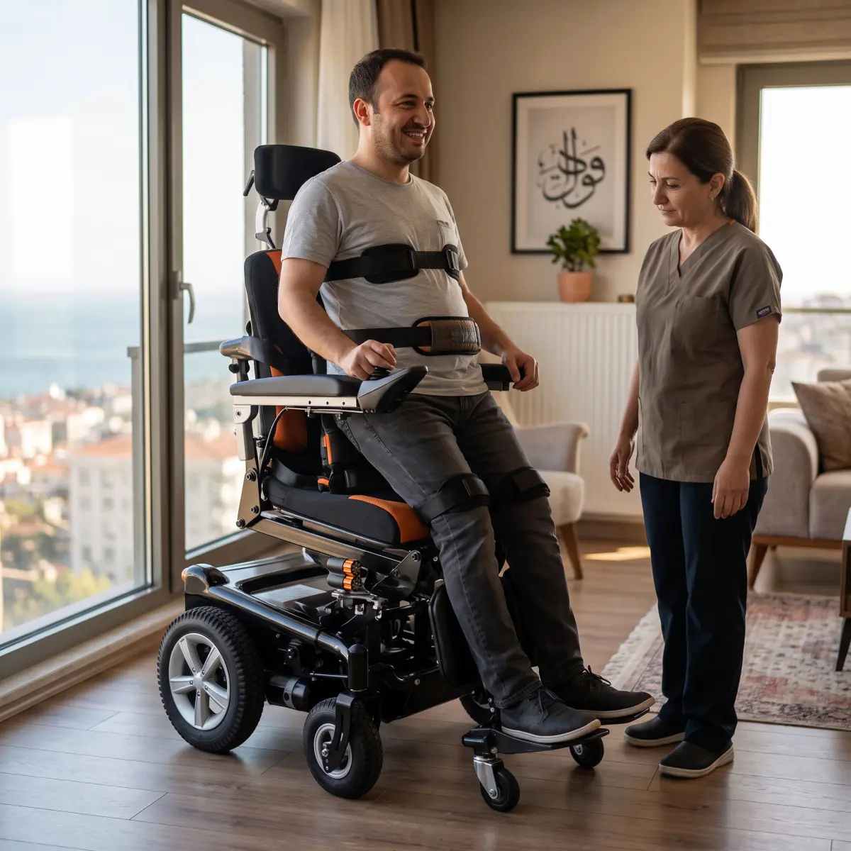 Ayağa kaldıran akülü sandalye kullanırken güvenlik kemeri ve denge kontrolü yapılan gerçekçi sahne