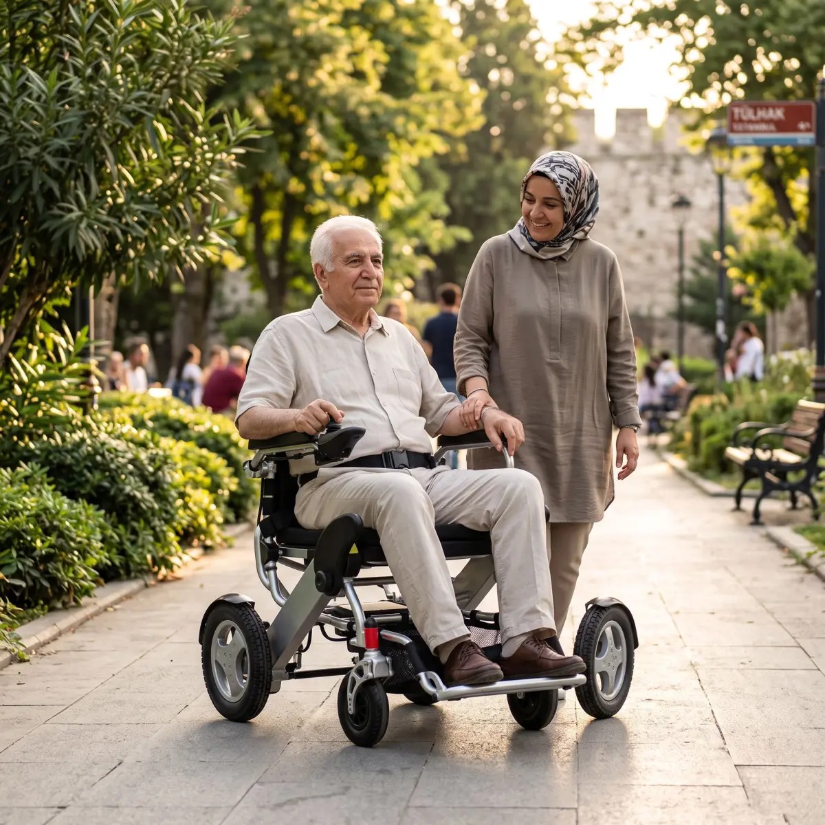 Parkta ultra hafif akülü sandalye kullanan yaşlı bir kişi ve yanında yürüyen yakını