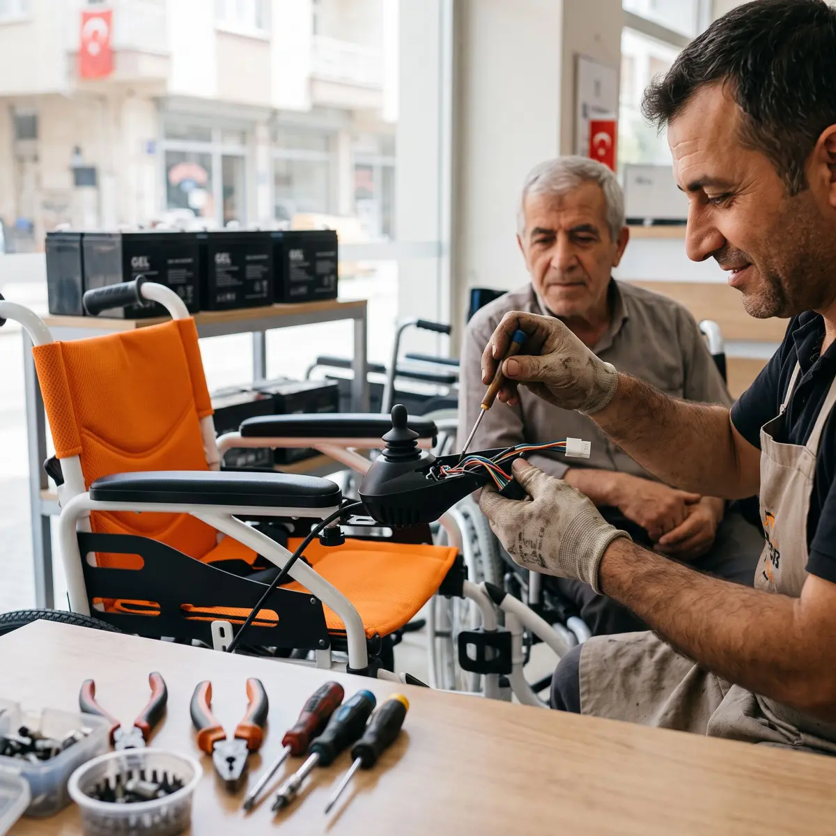 Akülü sandalye joystick kontrol panelini inceleyen teknik servis uzmanı