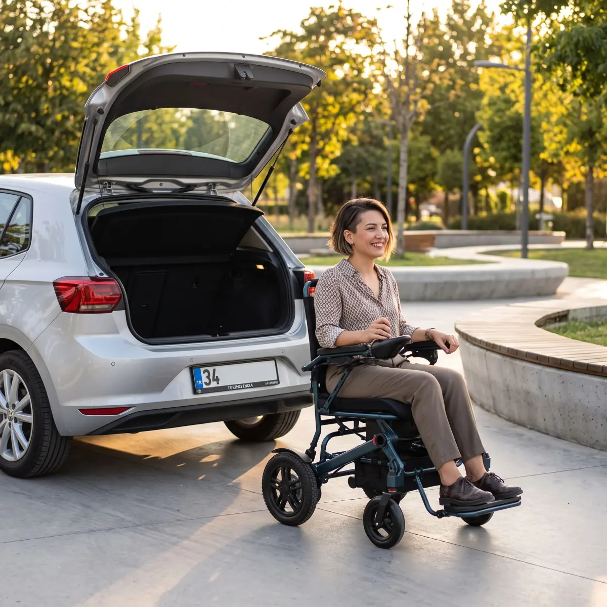 Park yolunda modern ultra hafif lityum bataryalı akülü sandalye kullanan kişi