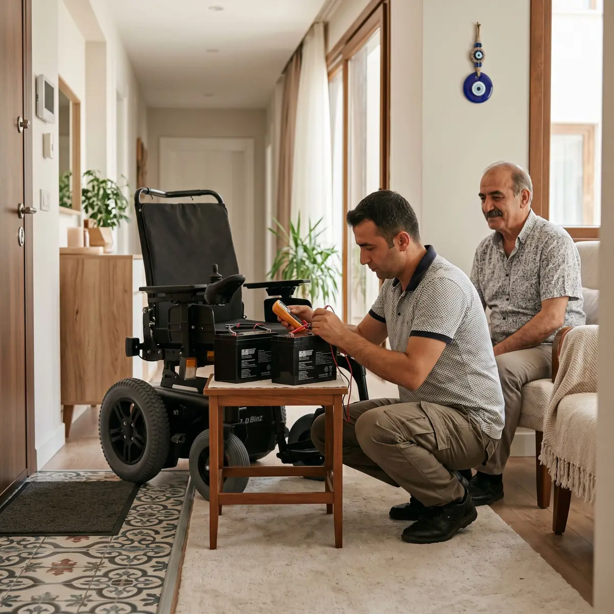 Akülü sandalye aküsü kontrolü yapan teknisyen ve kullanıcı