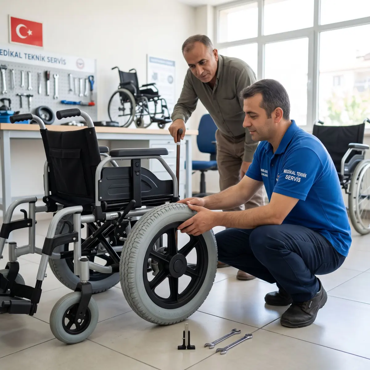 Akülü sandalye lastiğini kontrol eden teknik servis uzmanı