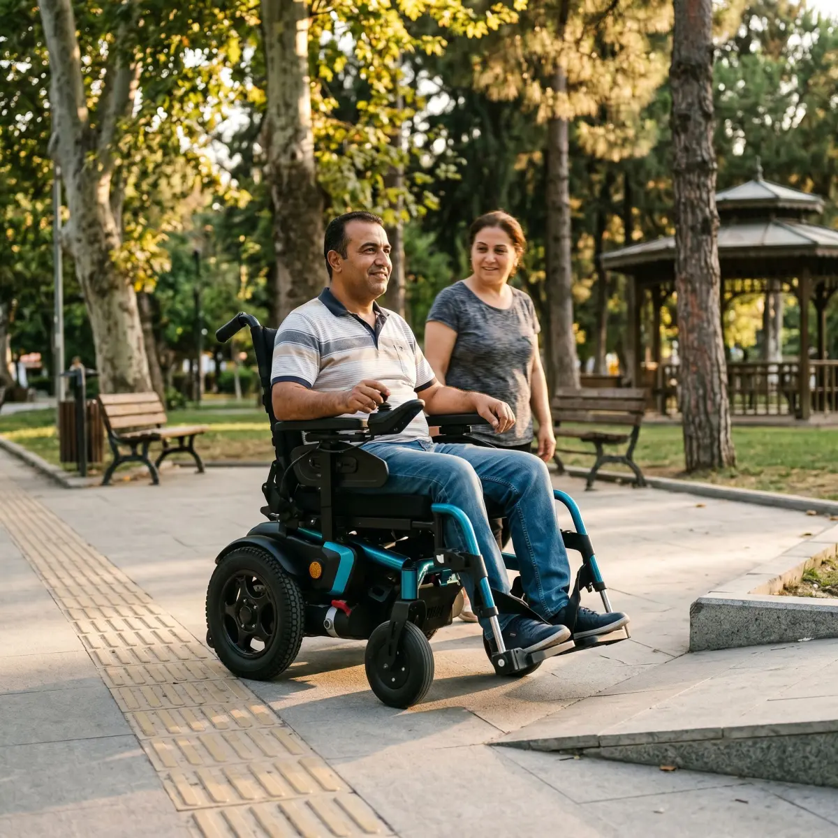 2026’da akülü sandalye seçimi için park yolunda modern akülü sandalye kullanan kişi