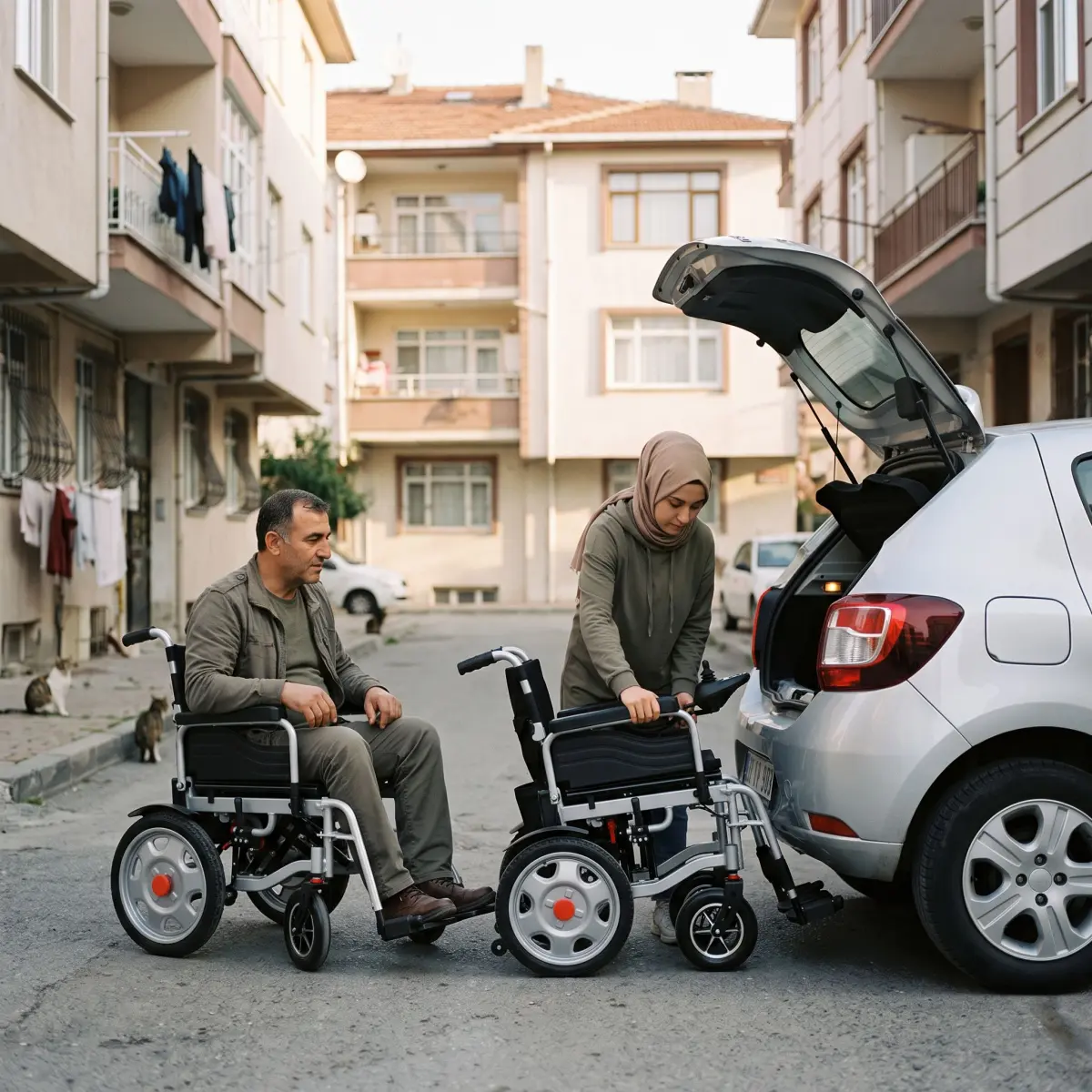 Katlanabilir akülü sandalyeyi otomobil bagajına yerleştiren kullanıcı ve yakını