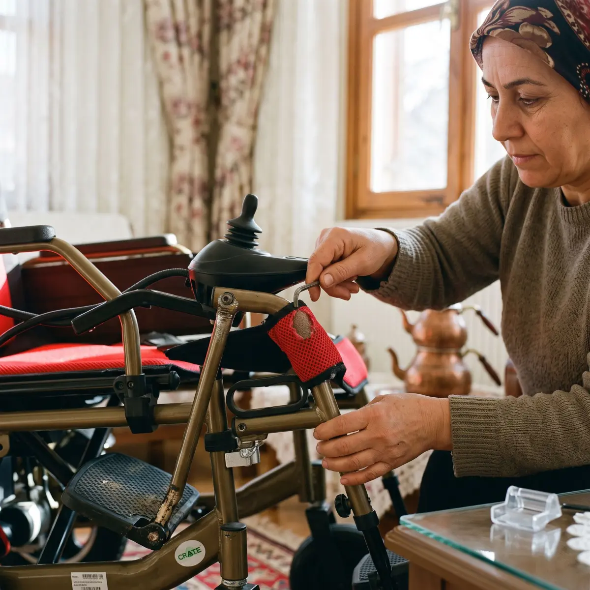 Akülü sandalyenin kolçak ve ayaklık parçalarının kontrol edildiği gerçekçi bir bakım sahnesi