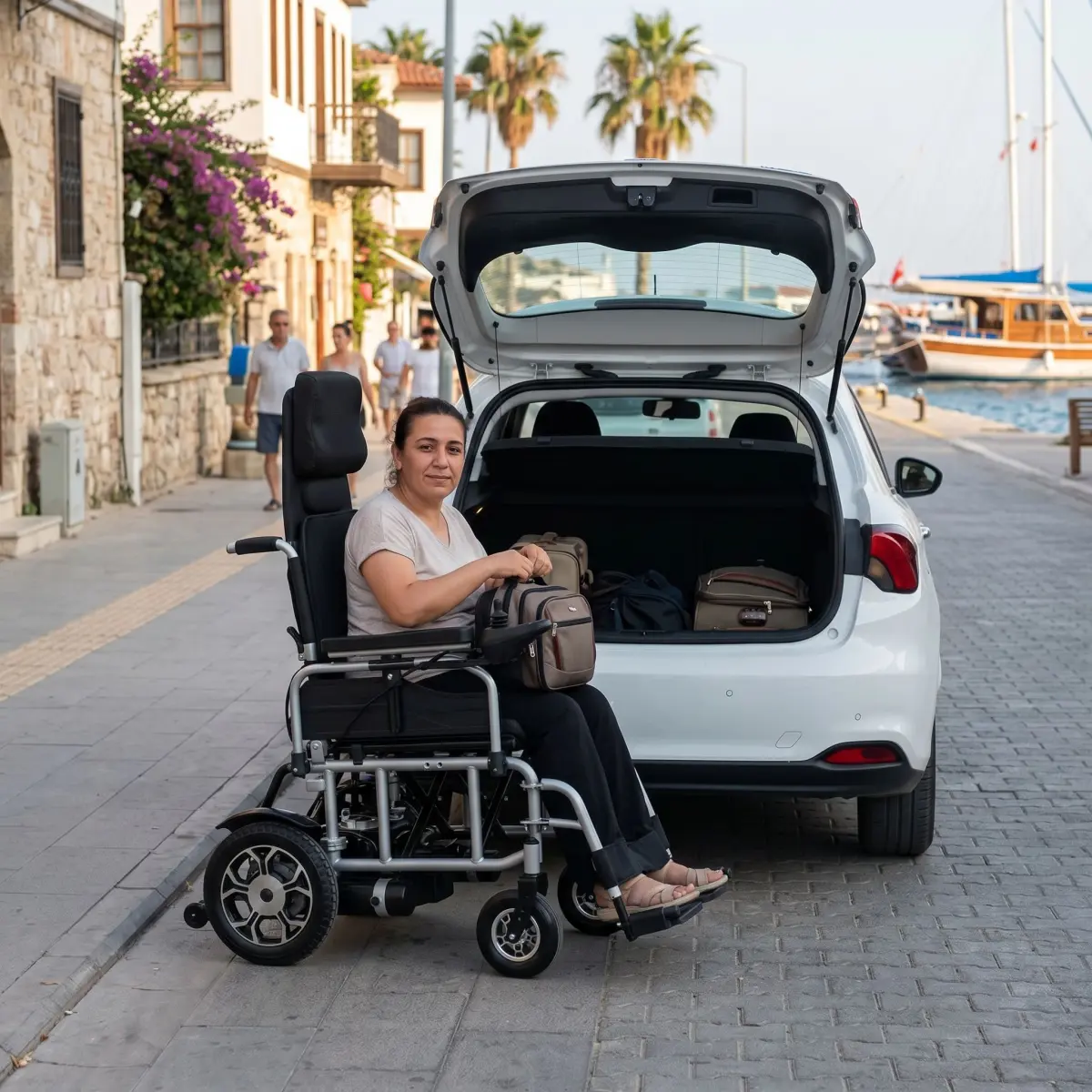 Seyahat için araç bagajı yanında katlanabilir akülü sandalye kullanan kişi