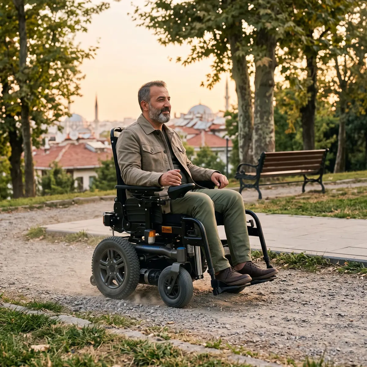 Park ve stabilize yolda kullanılan arazi tipi akülü sandalye